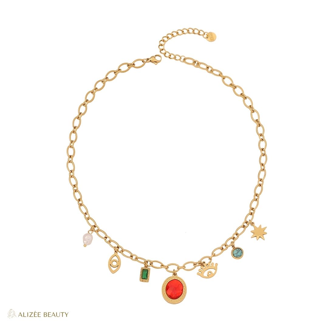 Bijoux Glamour Œil Acier Inoxydable Pierre Naturelle Plaque Or 18K pierre rouge