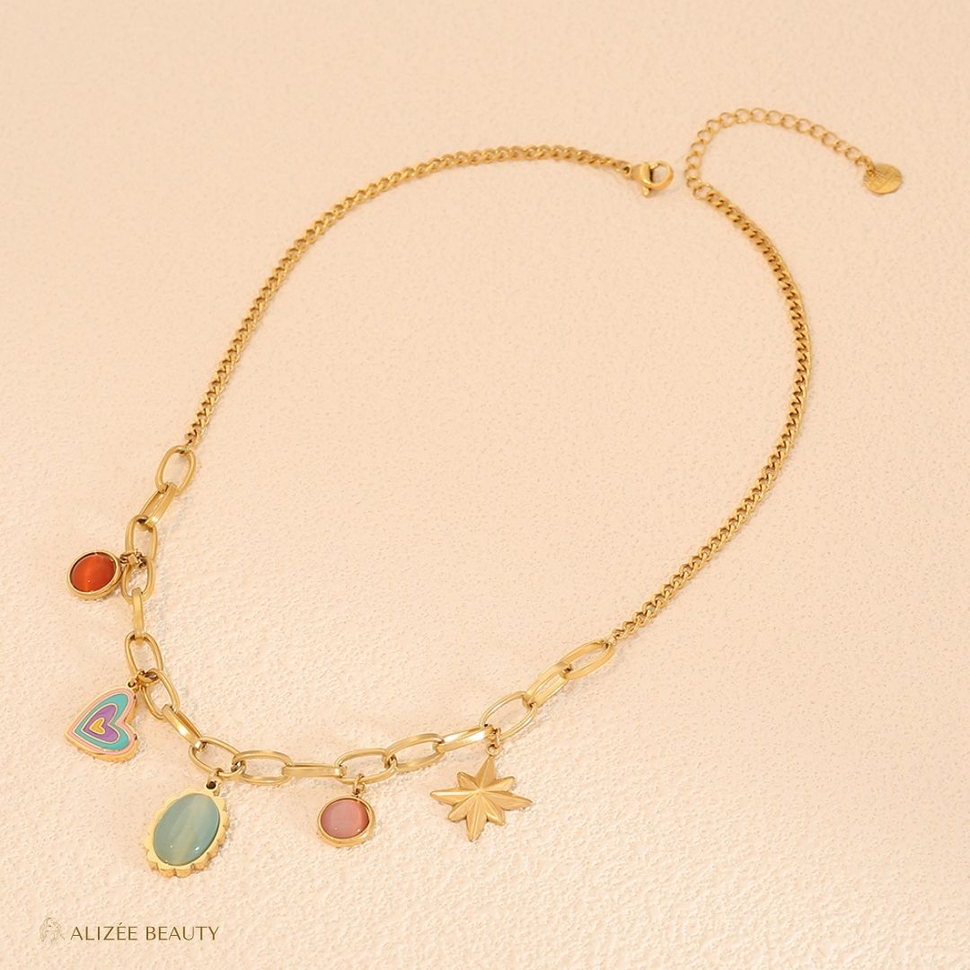 Bijoux Œil Acier Inoxydable Pierre Naturelle Plaque Or 18K