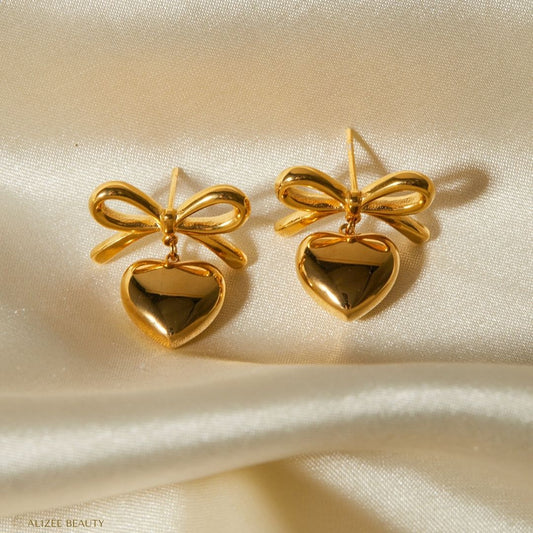 Boucles d'oreille cœur nœud d'arc en acier inoxydable 304 plaqué or 18k - bijoux fantaisie - alizee beauty