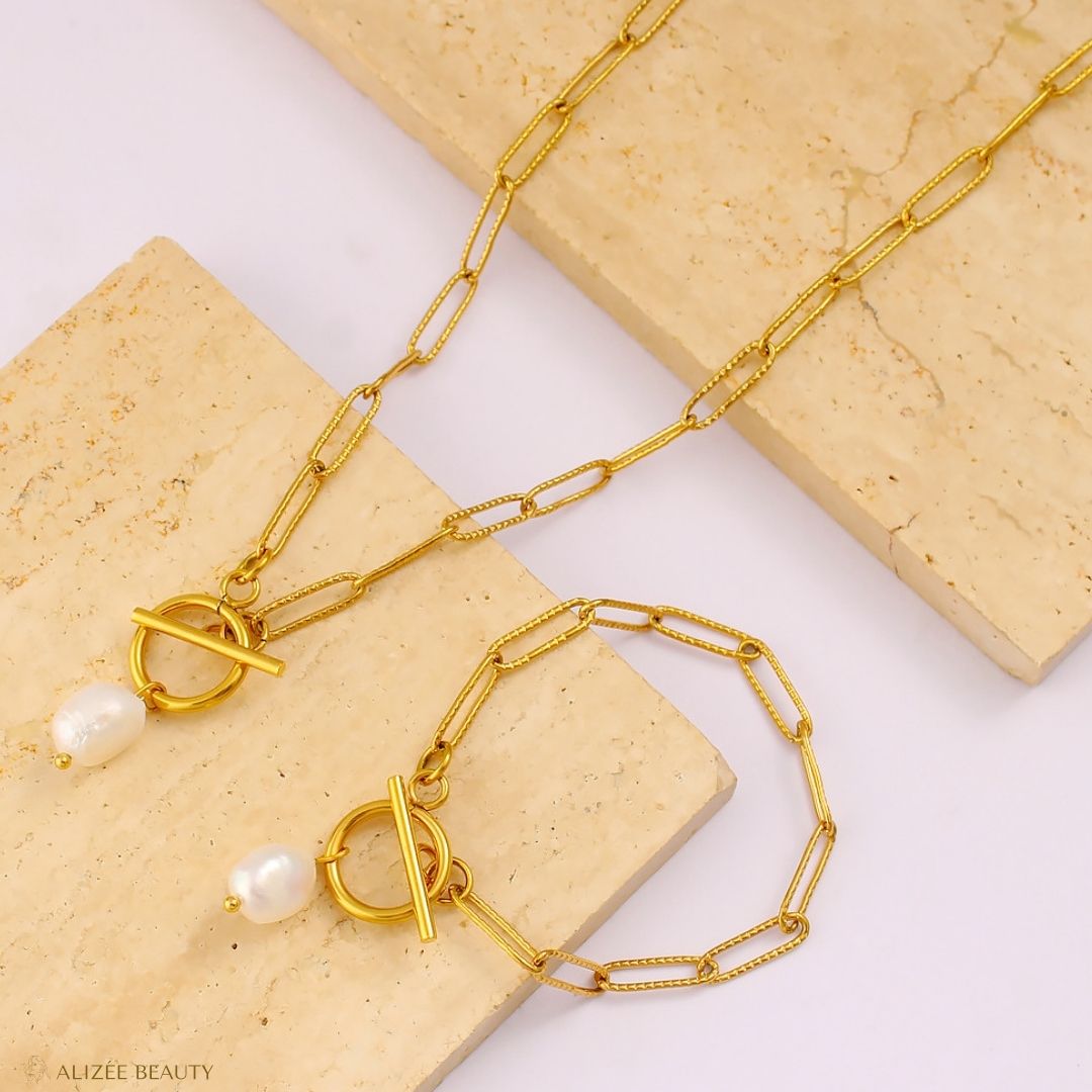 Bracelet et Collier Perle Acier inoxydable 304 Plaqué Or - alizée beauty