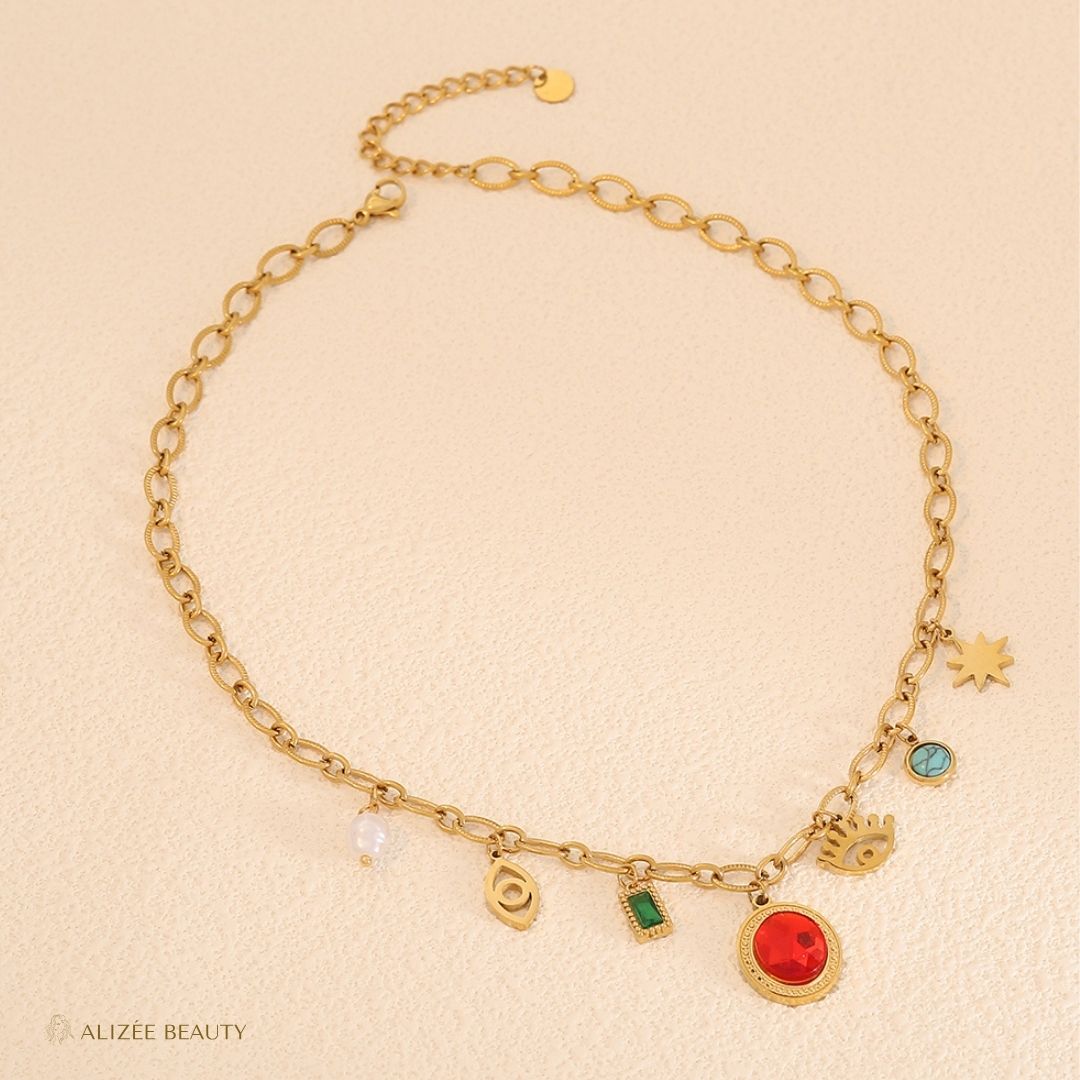 Bijoux Glamour Œil Acier Inoxydable Pierre Naturelle Plaque Or 18K alizée Beauty