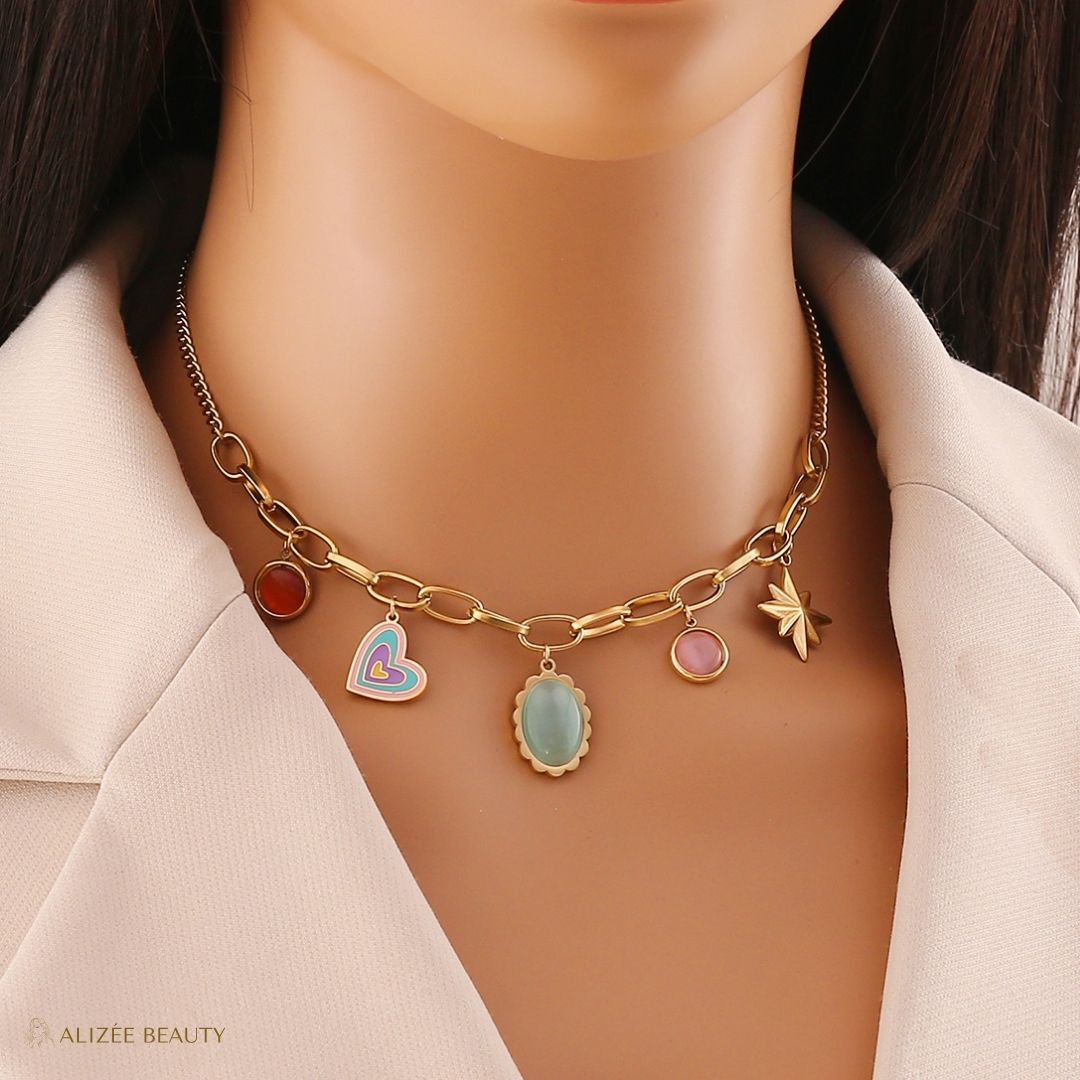 Bijoux Glamour Œil Acier Inoxydable Pierre Naturelle Plaque Or 18K Bijoux Fantaisie