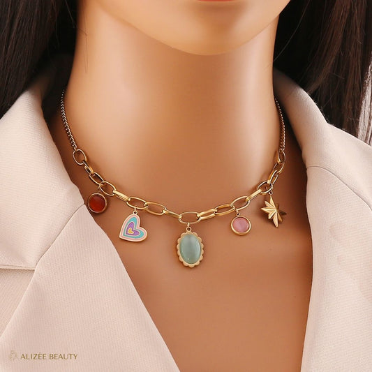 Bijoux Glamour Œil Acier Inoxydable Pierre Naturelle Plaque Or 18K Bijoux Fantaisie