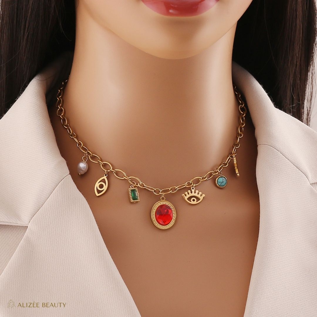 Bijoux Glamour Œil Acier Inoxydable Pierre Naturelle Plaque Or 18K