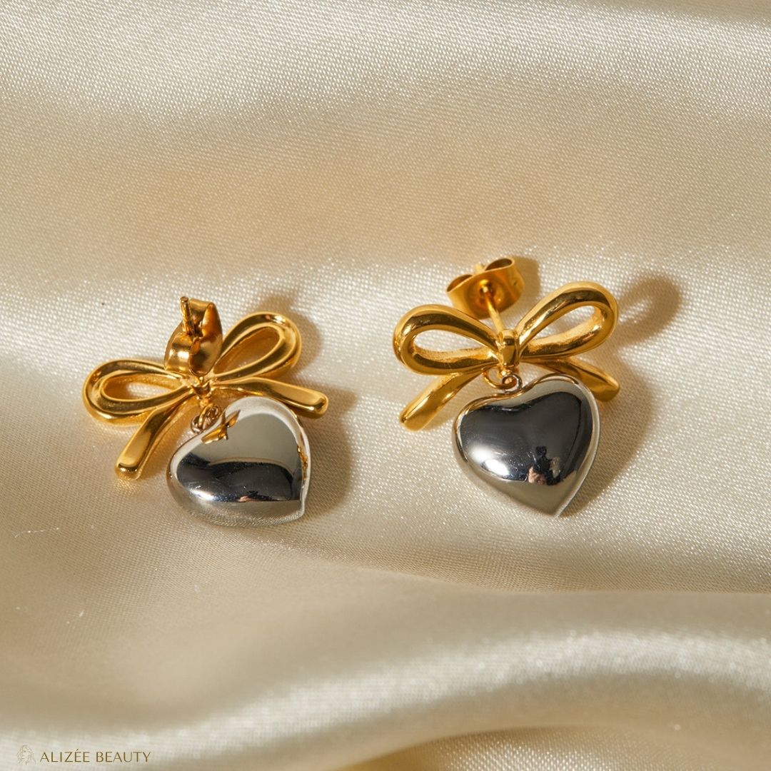 Boucles d'oreille cœur nœud d'arc en 
 argent et acier inoxydable 304 plaqué or 18k - alizee beauty