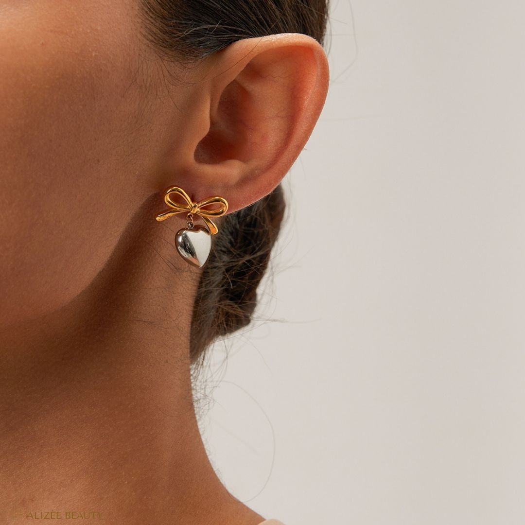 Boucles d'oreille cœur nœud d'arc en acier inoxydable 304 plaqué or 18k alizée beauty