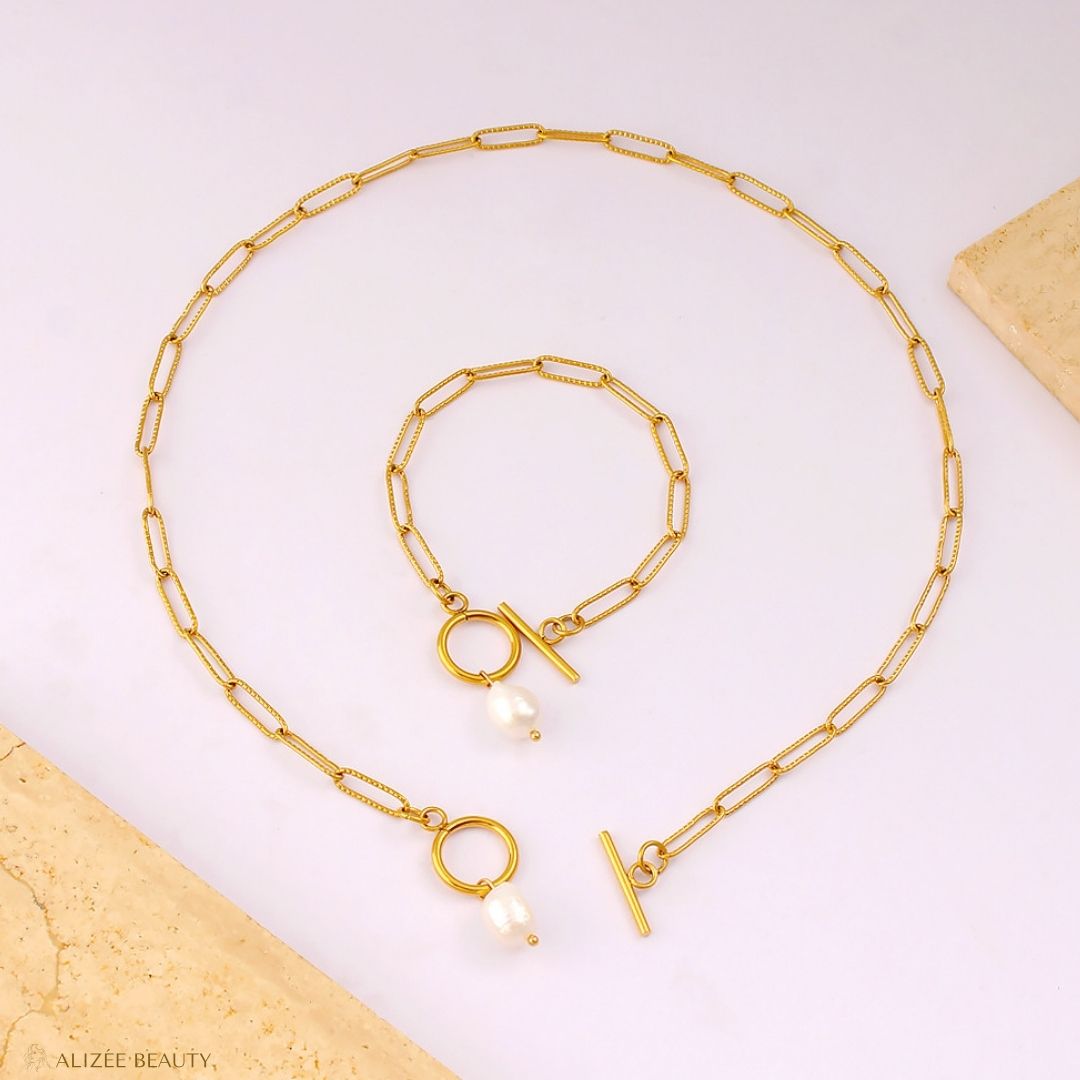 Bracelet et Collier duo Perle Acier inoxydable 304 Plaqué Or 18K