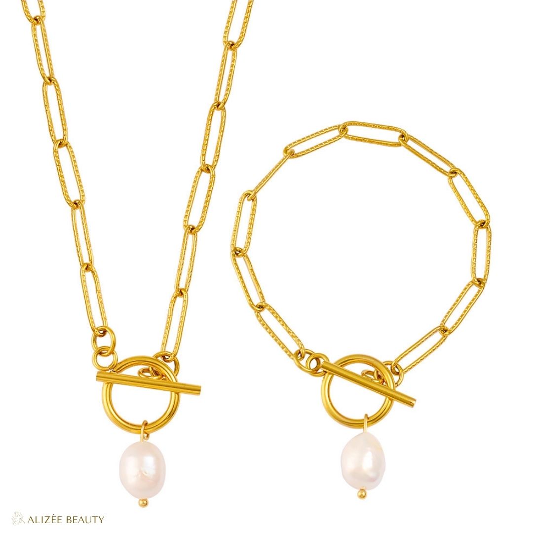 Bracelet et Collier Perle Acier inoxydable 304 Plaqué Or 18K - Alizée Beauty
