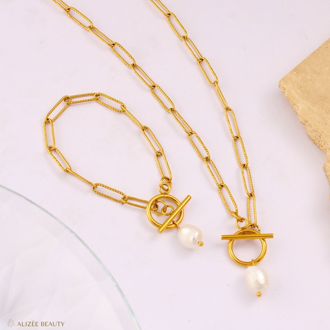 Bracelet et Collier Perle 
Plaqué Or 18K - bijoux fantaisie