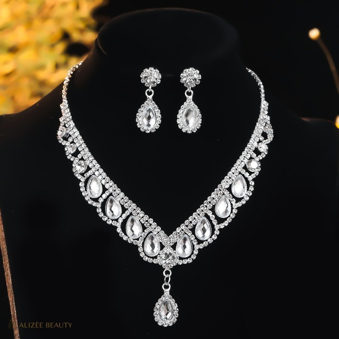 Ensemble Boucles D'Oreilles Collier Gouttelettes D'Eau Stras argent