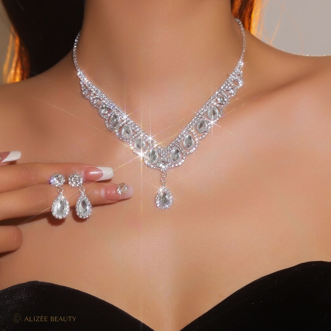 Ensemble Boucles D'Oreilles Collier Gouttelettes D'Eau Stras argent