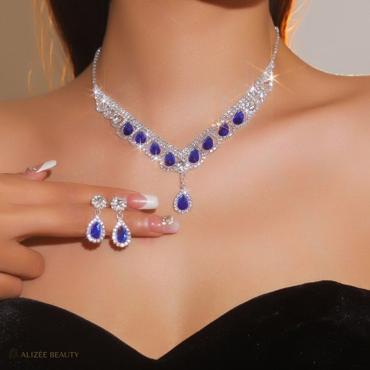 Ensemble Boucles D'Oreilles Collier Gouttelettes D'Eau Stras bleu