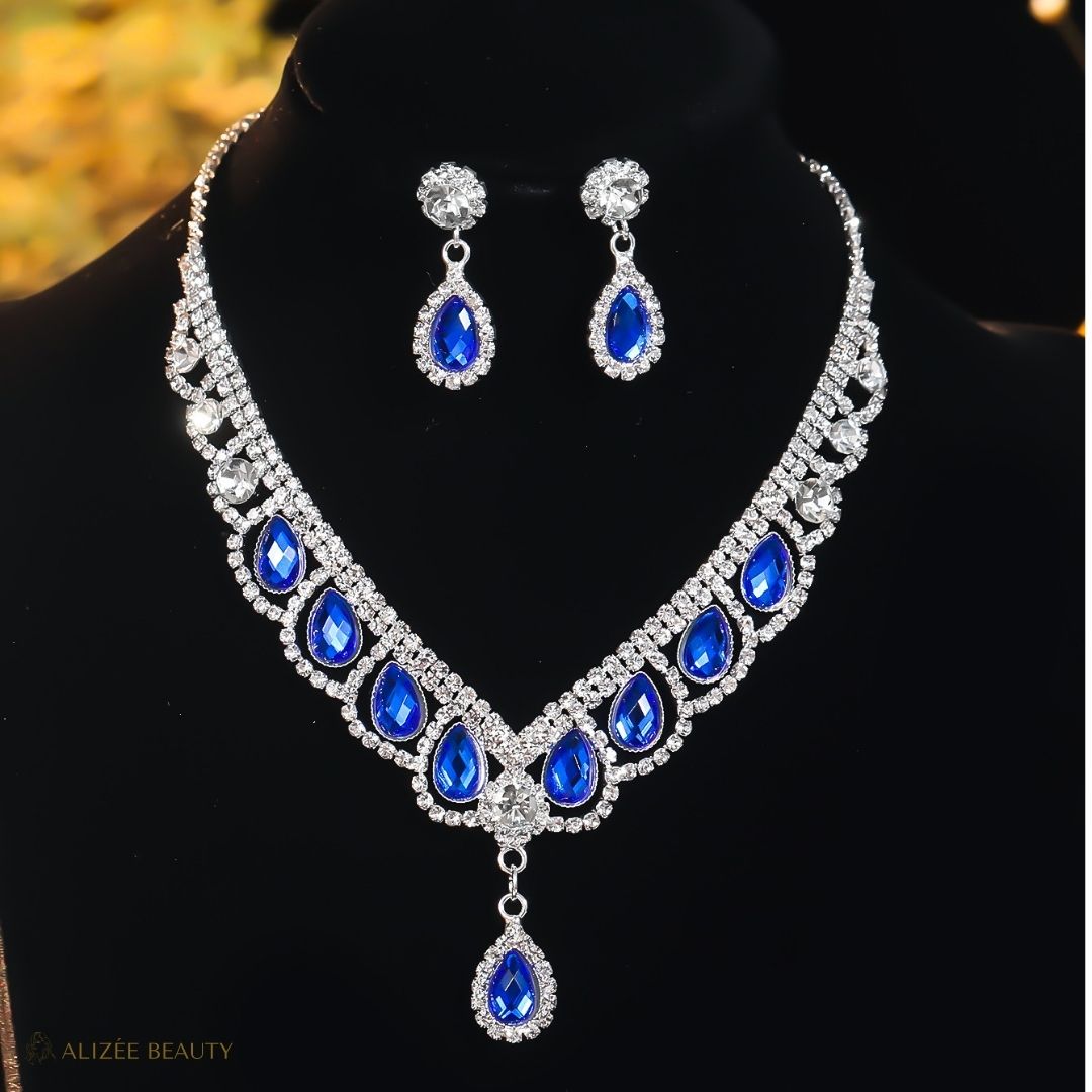 Ensemble Boucles D'Oreilles Collier Gouttelettes D'Eau Stras bleu