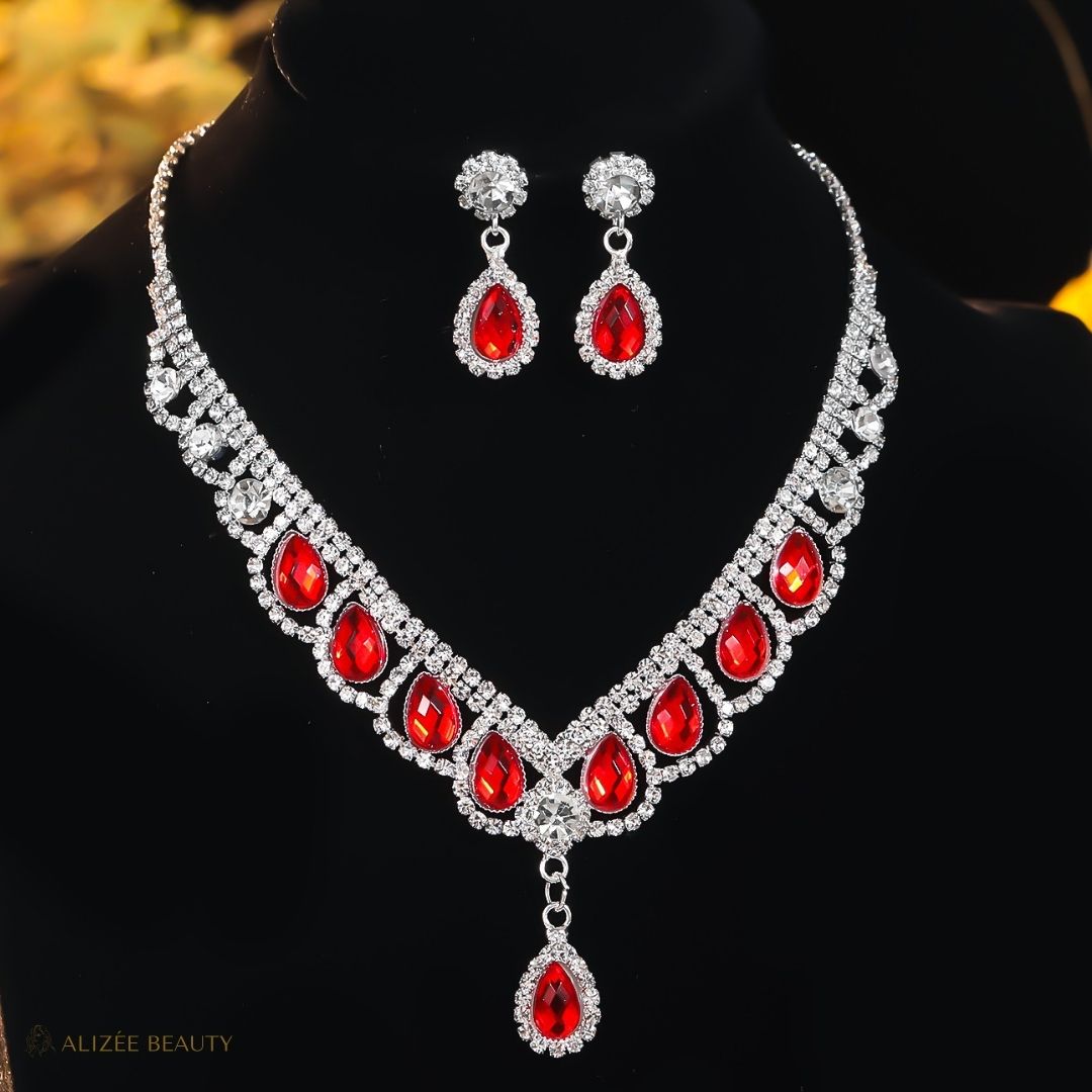 Ensemble Boucles D'Oreilles Collier Gouttelettes D'Eau Stras rouge