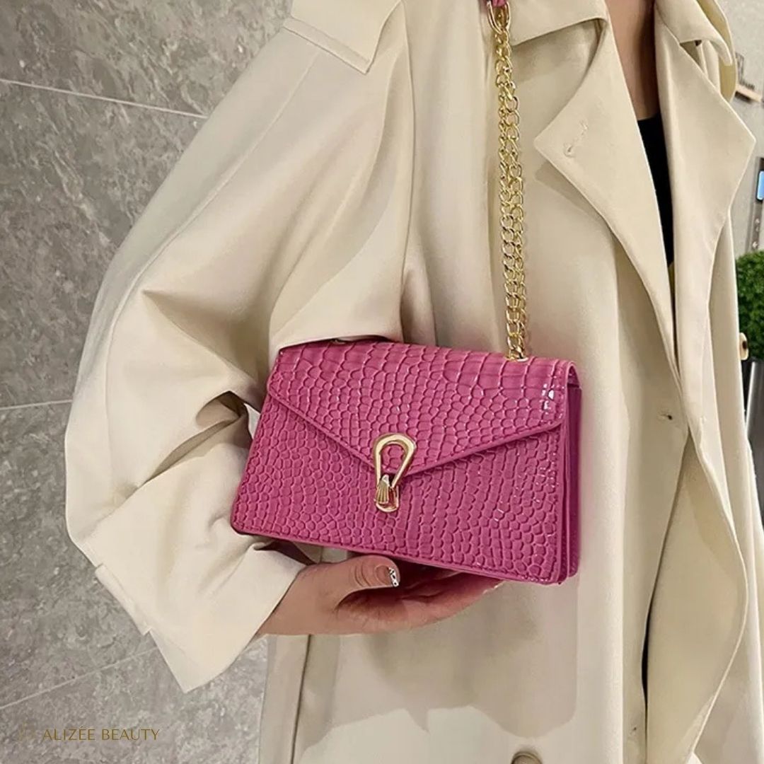 Sac à main à bandoulière cuire PU Crocodile pour femmes  rose
