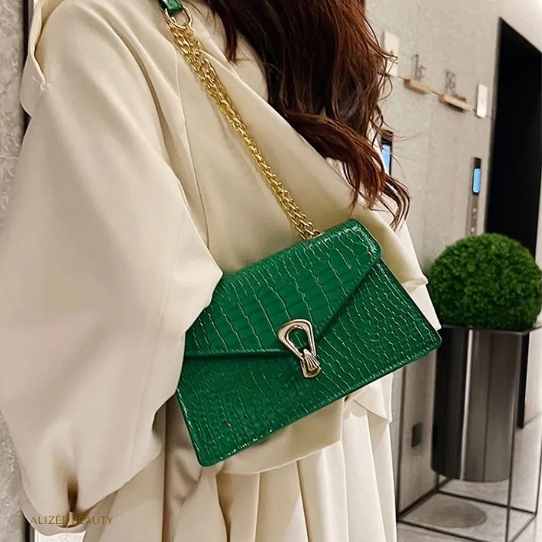 Sac à main à bandoulière pour femme cuire PU Crocodile or et vert