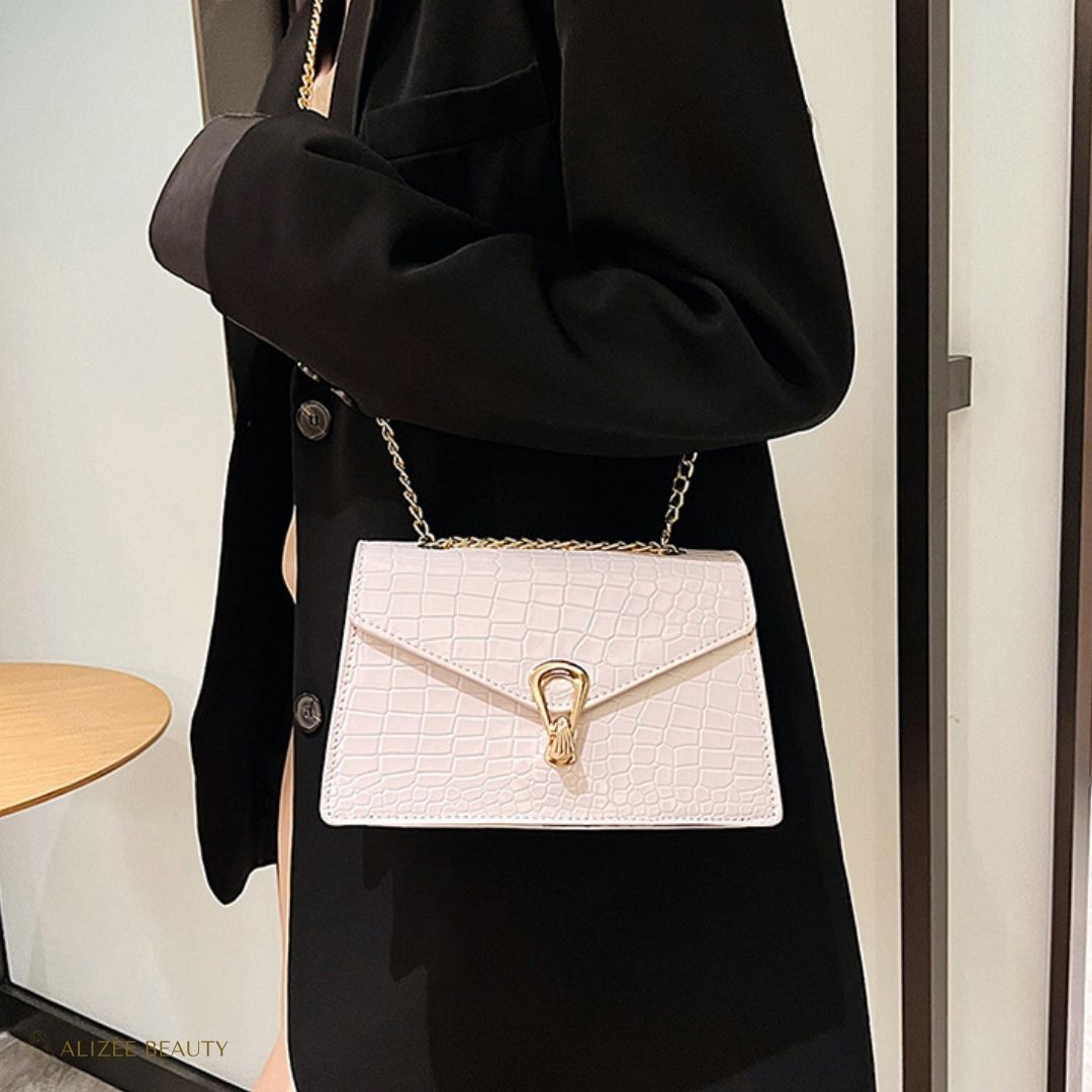 Sac à main à bandoulière cuire PU Crocodile blanc pour femme - Alizée Beauty