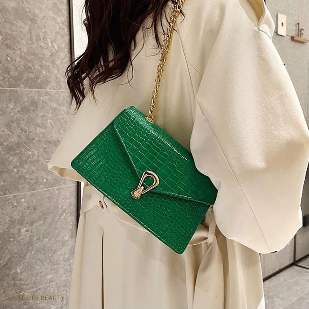 Sac à main à bandoulière cuire PU Crocodile vert pour femme