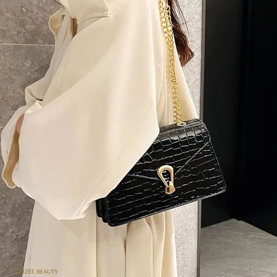 Sac à main à bandoulière cuire PU Crocodile pour femmes  noir