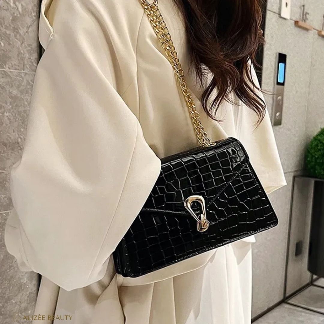Sac à main à bandoulière cuire PU Crocodile pour femmes  noir