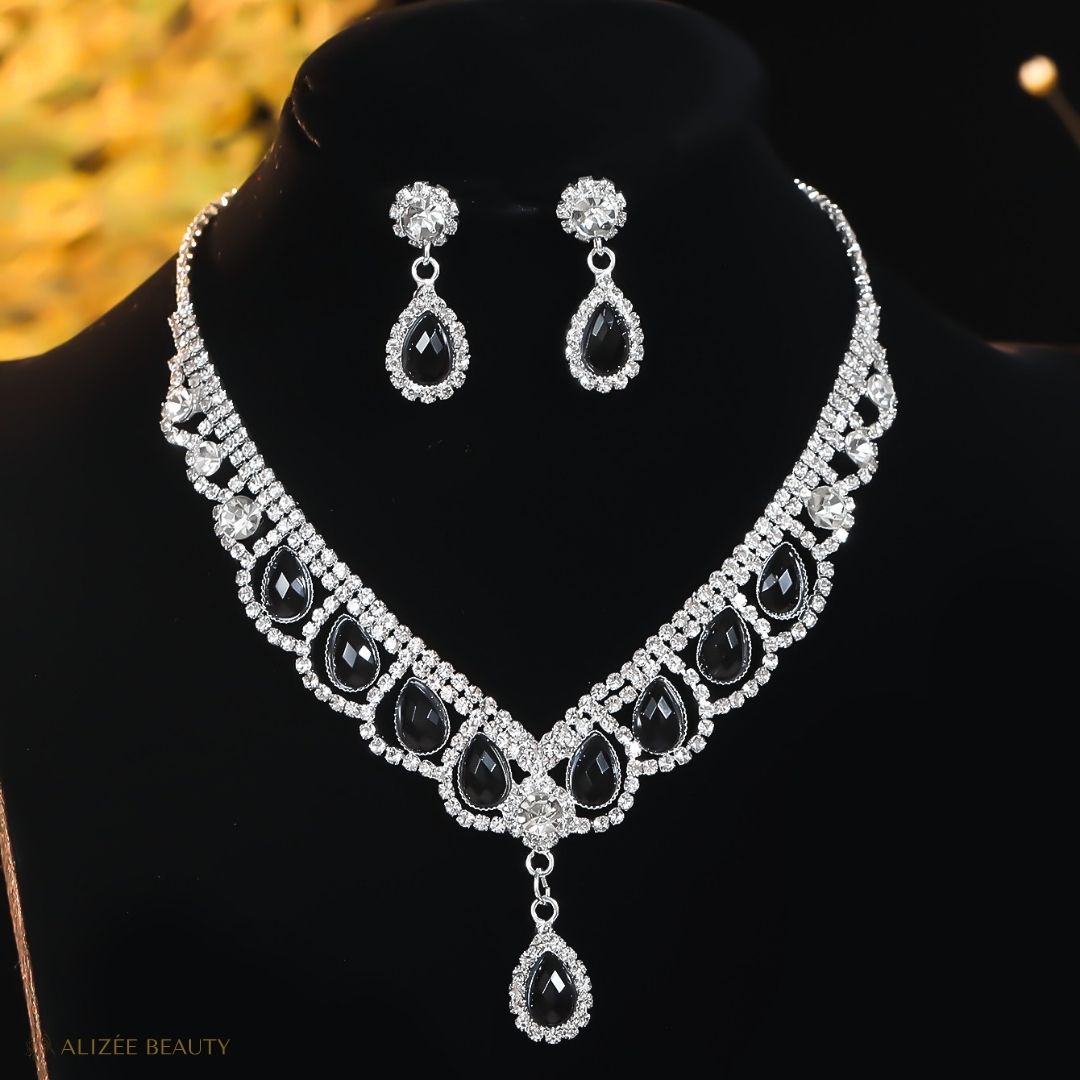 Ensemble Boucles D'Oreilles Collier Gouttelettes D'Eau Stras noir